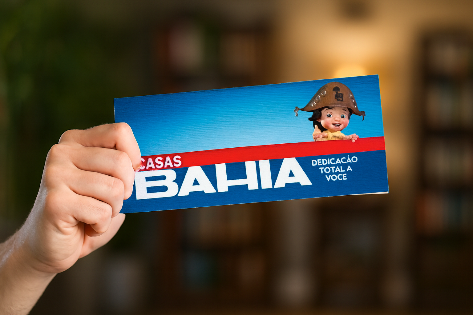 Imagem de um carnê da Casas Bahia, com fundo moderno em gradiente azul e vermelho e mascote baianinho sorridente com chapéu nordestino.