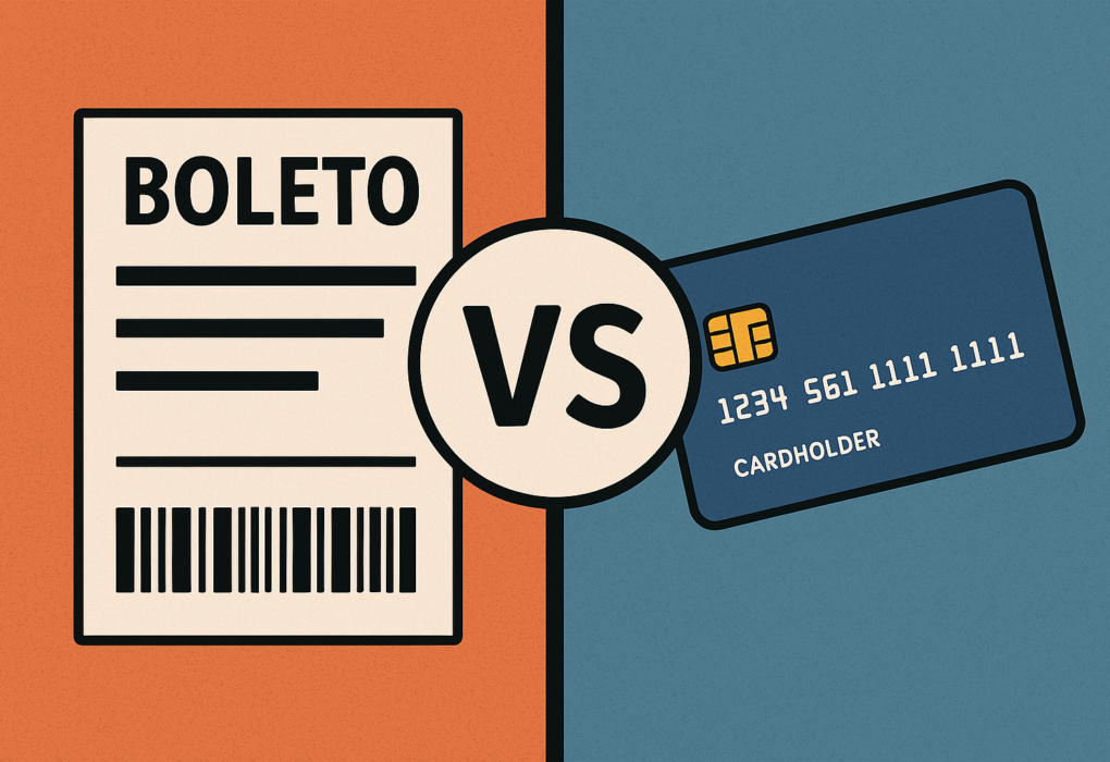Imagem dividida ao meio com um boleto bancário de um lado e um cartão de crédito do outro, separados por um círculo central com "VS", em estilo moderno e cores contrastantes.