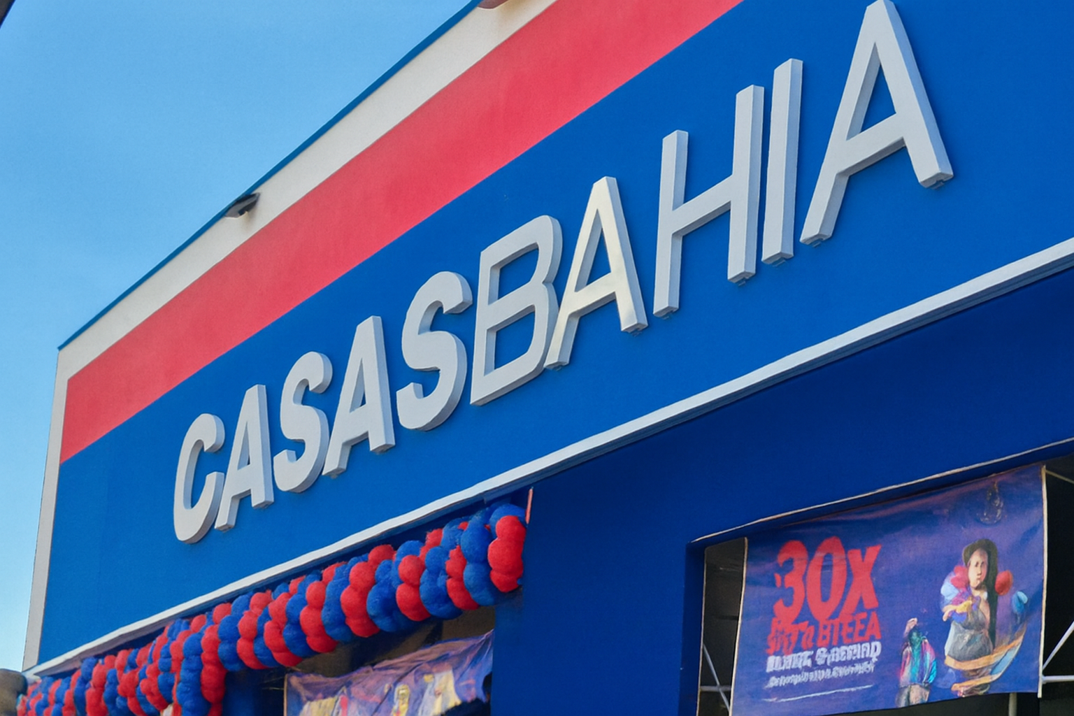 A fachada da loja Casas Bahia com balões decorativos e cartaz promocional, sem o poste, tela ou bastão azul.