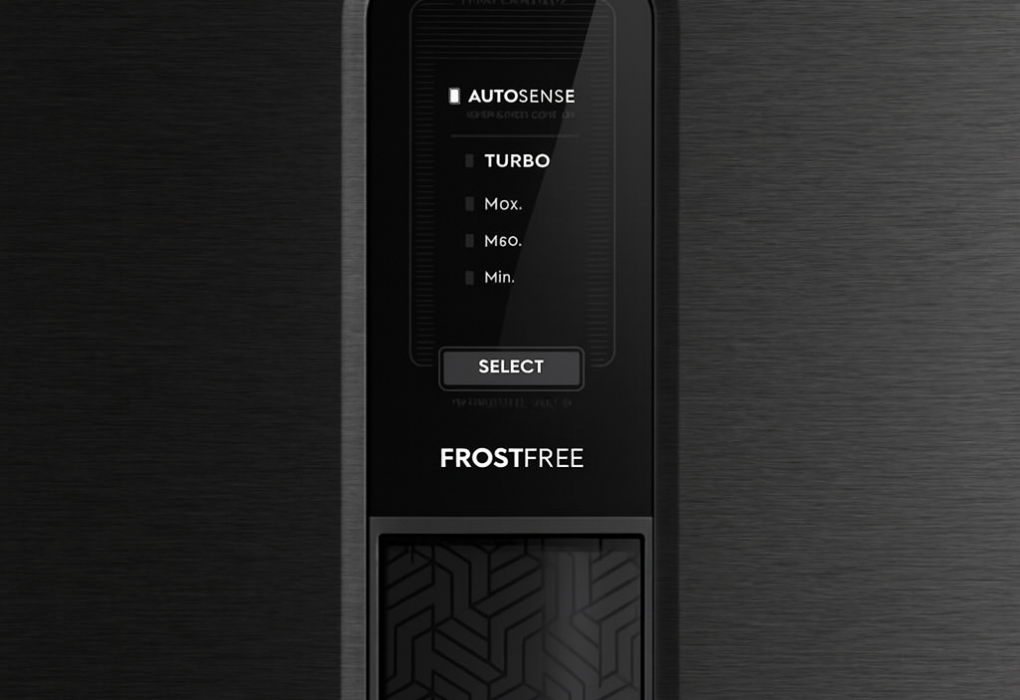 Painel expandido, moderno, com funções visíveis: AUTOSENSE, TURBO, SELECT e temperatura.