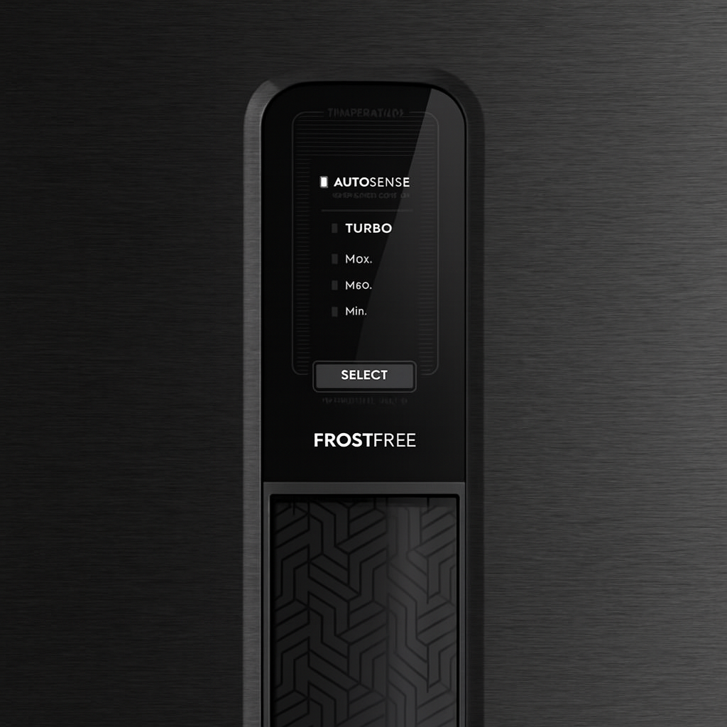 Painel expandido, moderno, com funções visíveis: AUTOSENSE, TURBO, SELECT e temperatura.