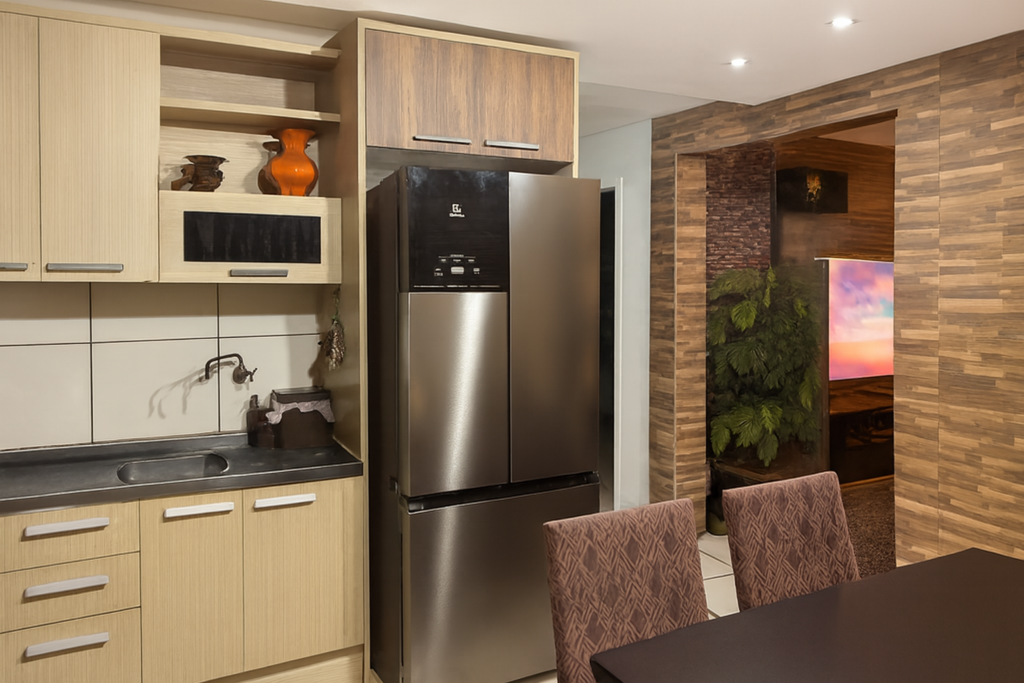 Cozinha moderna ampliada com sala integrada, decoração elegante e iluminação suave.