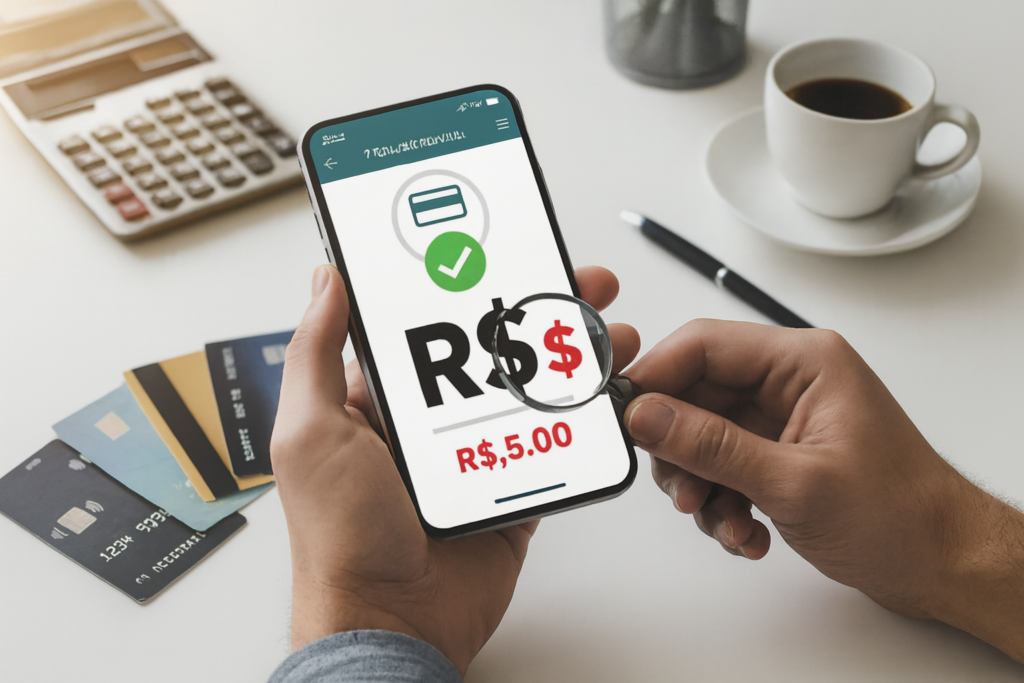 Pessoa segurando um smartphone com tela de pagamento aprovado, usando lupa para examinar o valor; ao redor, cartões, calculadora e café sobre uma mesa branca.