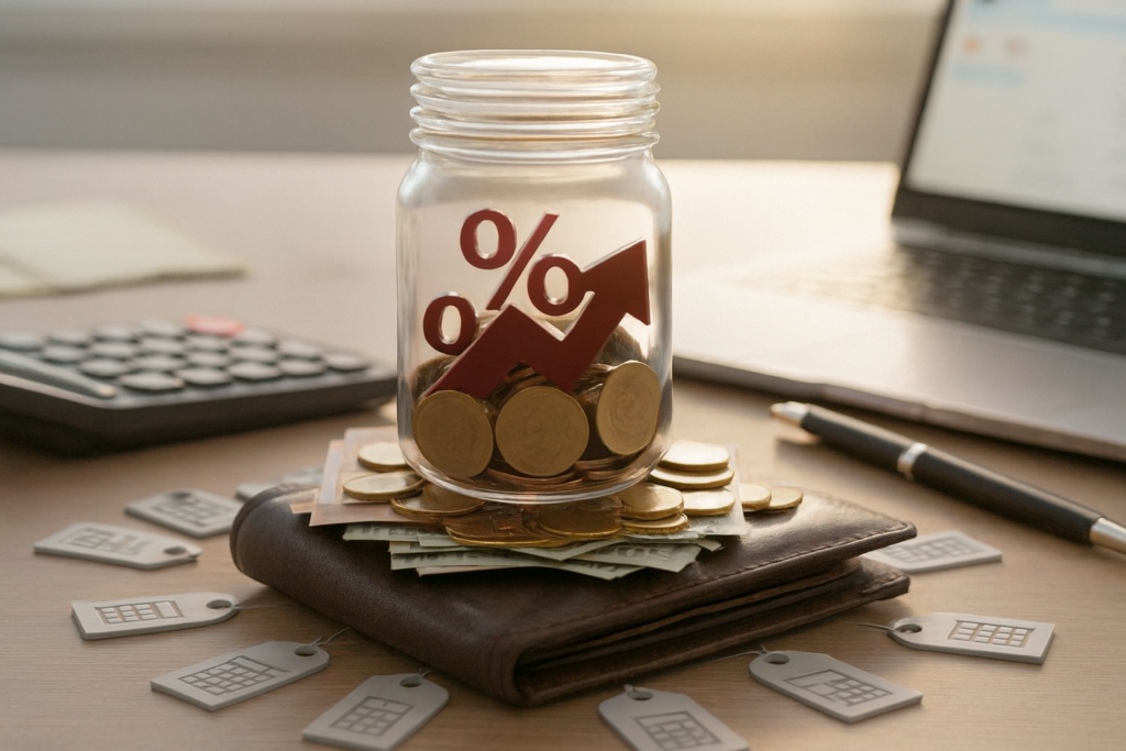 Imagem horizontal com jarro de moedas, símbolo de porcentagem e seta vermelha apontando para cima, sobre carteira e dinheiro, cercado por etiquetas com ícones de calculadora. Ao fundo, laptop, caneta e calculadora em ambiente de escritório.