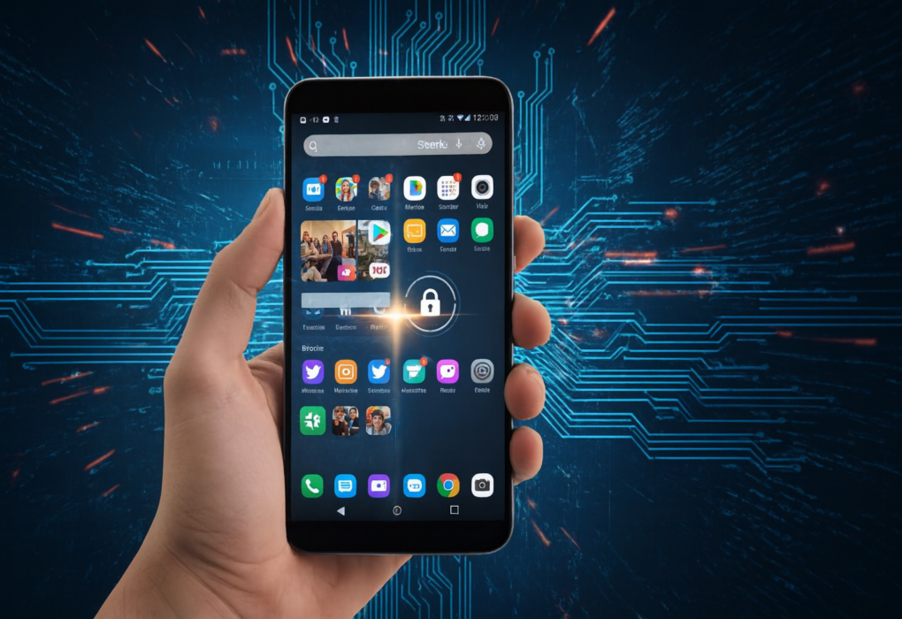 Imagem ampliada e marca removida. Mostra uma mão segurando um smartphone com tela cheia de ícones e fundo digital azul com circuitos.
