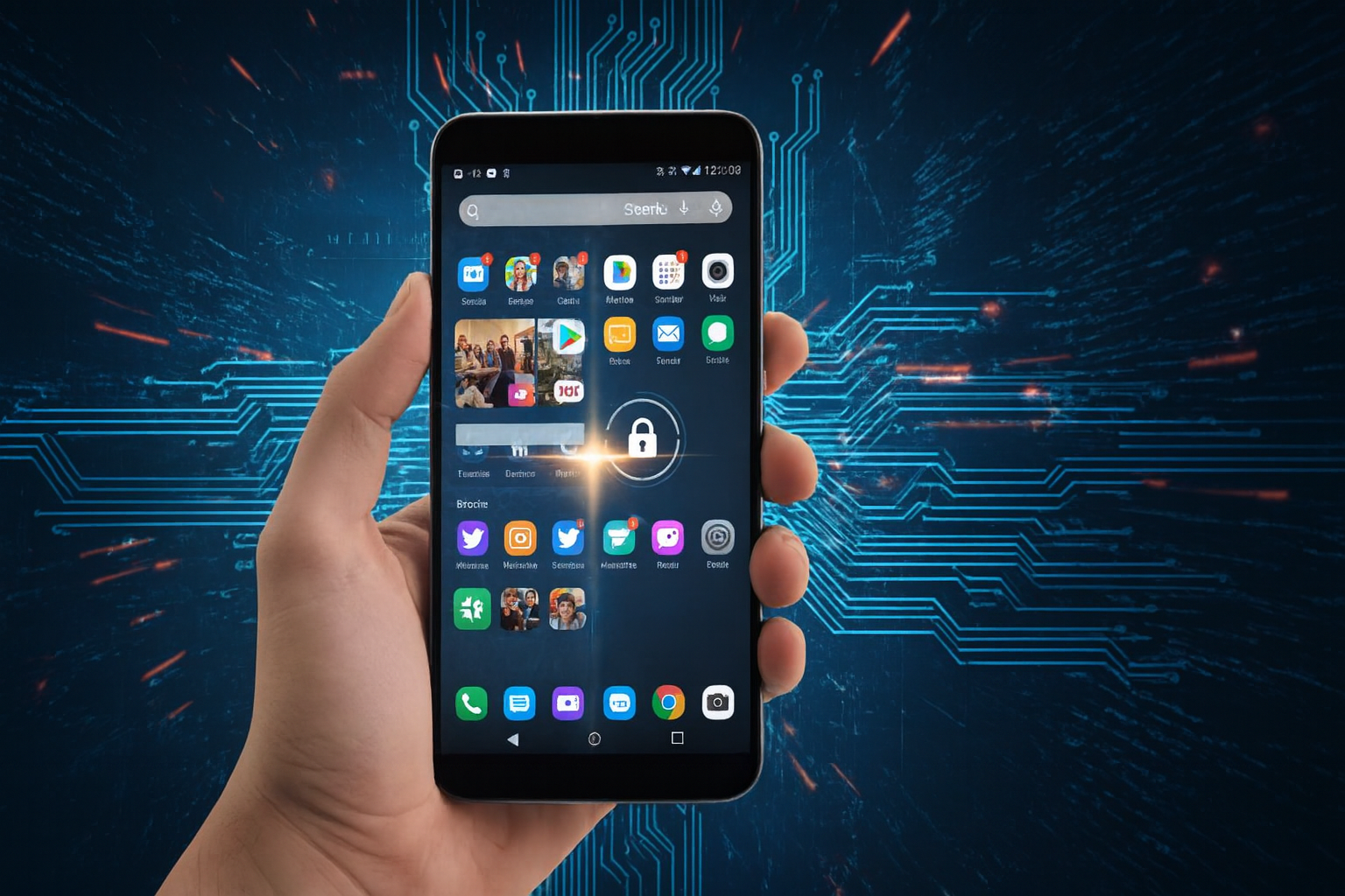 Imagem ampliada e marca removida. Mostra uma mão segurando um smartphone com tela cheia de ícones e fundo digital azul com circuitos.