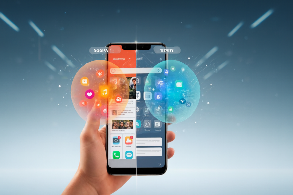 Smartphone dividido entre apps sociais e profissionais.