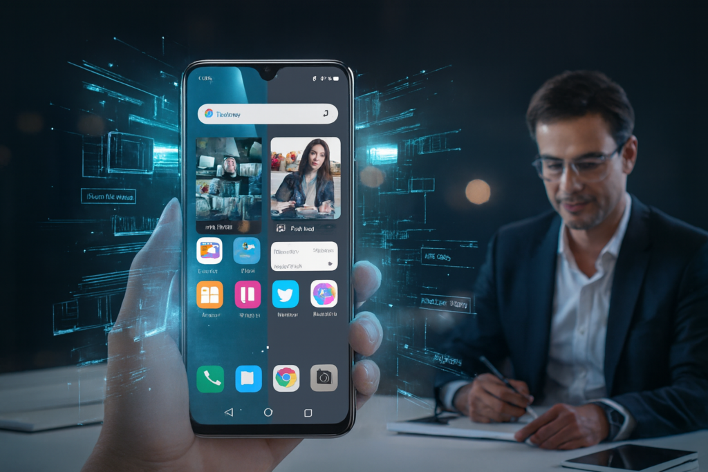 Homem de negócios em escritório moderno, segurando smartphone com interface holográfica azul.