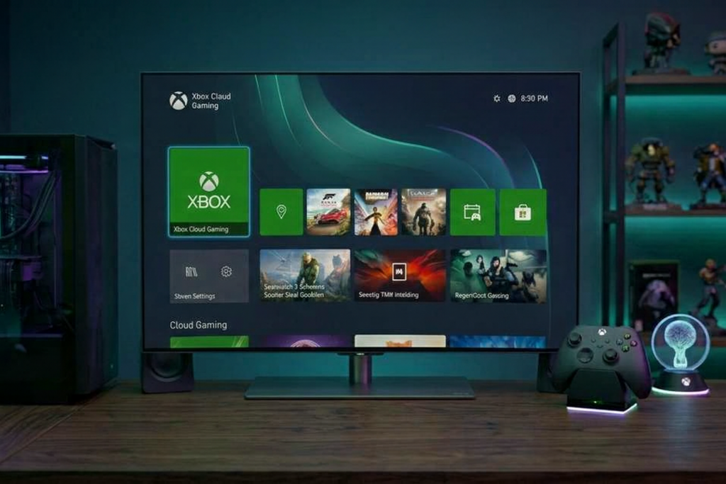  setup gamer com Xbox Cloud Gaming, o PC com iluminação RGB, os controles, os itens decorativos e as prateleiras com figuras de ação.