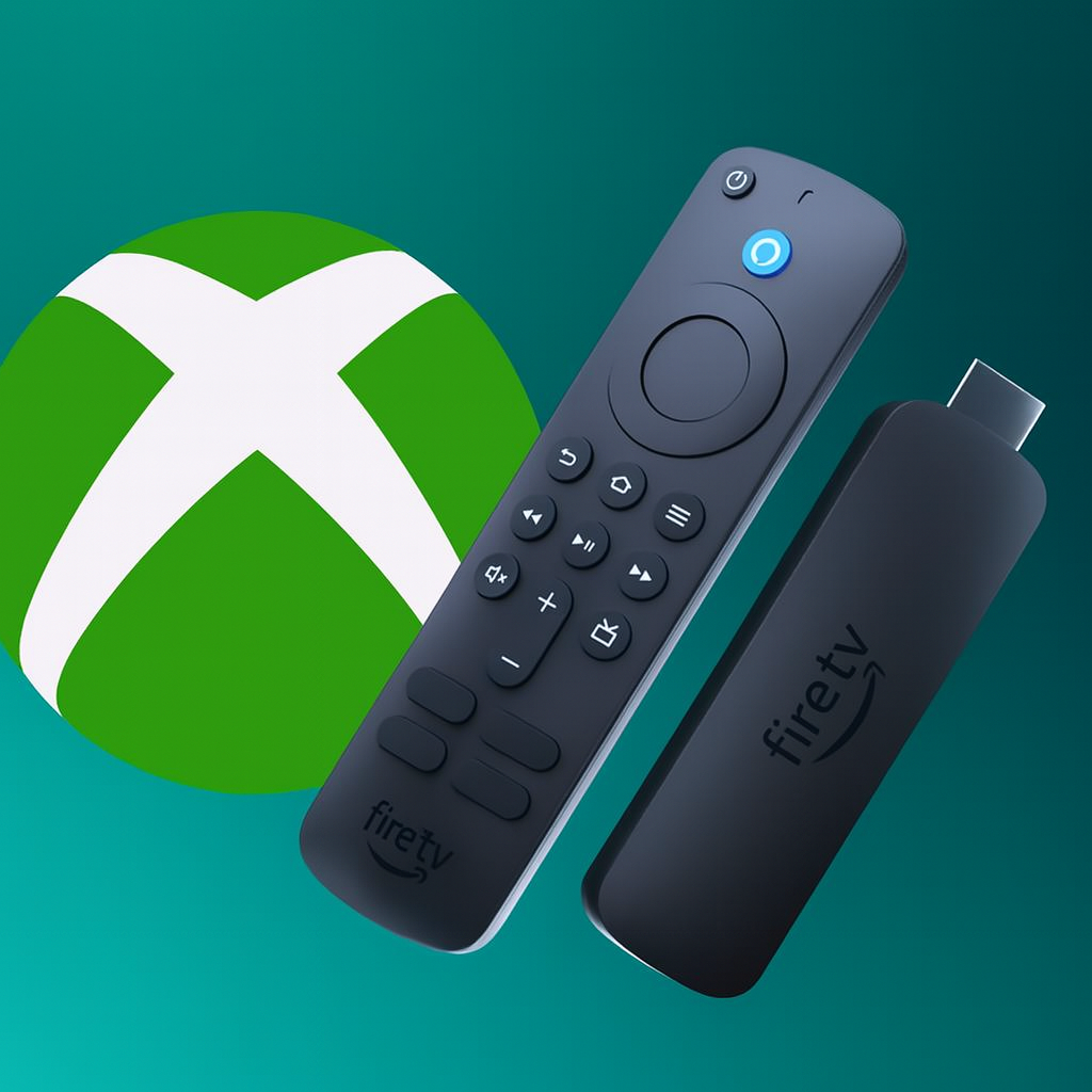 Amazon Fire TV Stick e controle remoto em frente ao logo do Xbox, com fundo escuro moderno.