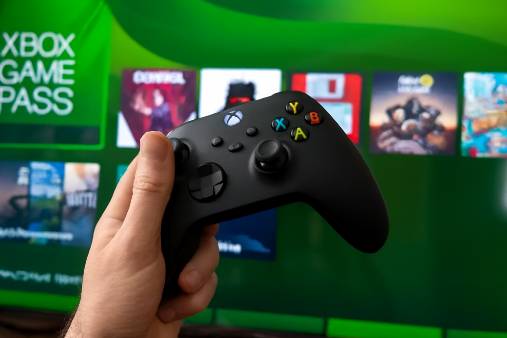 Controle Xbox em foco, tela Game Pass ao fundo.