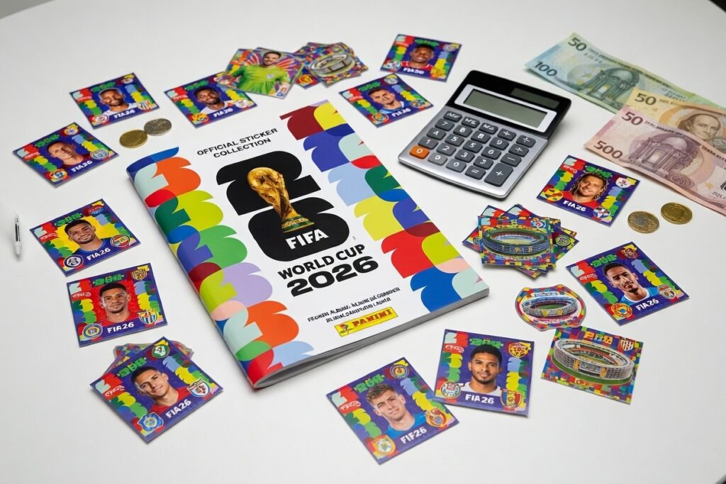 &Aacute;lbum da Copa do Mundo 2026 com figurinhas espalhadas e dinheiro ao lado ilustrando o alto custo da cole&ccedil;&atilde;o