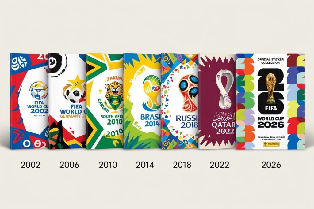 Compara&ccedil;&atilde;o entre &aacute;lbuns da Copa do Mundo de 2002 a 2026 mostrando evolu&ccedil;&atilde;o e aumento de pre&ccedil;os
