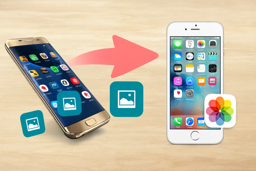 A cena contem dois smartphones em destaque, a seta vermelha central e os ícones de fotos flutuando