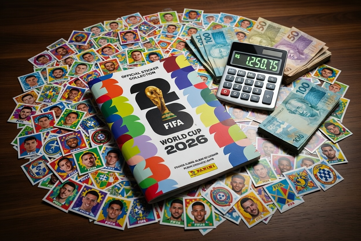 Completar o Álbum da Copa 2026 pode custar caro com figurinhas espalhadas, dinheiro e calculadora representando o alto valor da coleção