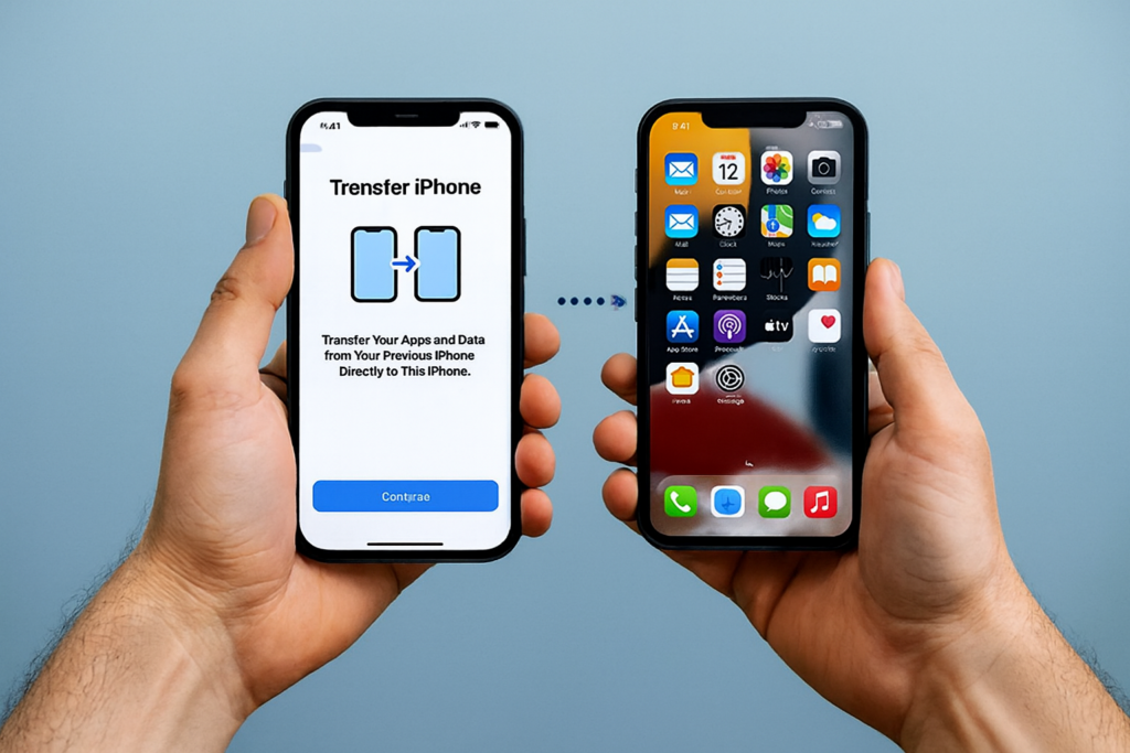 Imagem expandida com fundo azul suave, mãos ultra realistas segurando dois iPhones lado a lado.