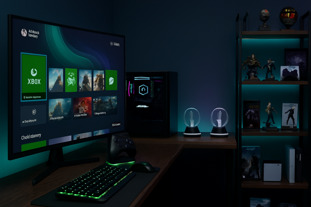 Setup gamer com TV grande exibindo Xbox Cloud Gaming, teclado mecânico, controle Xbox, PC com RGB, luzes decorativas e prateleira com colecionáveis.