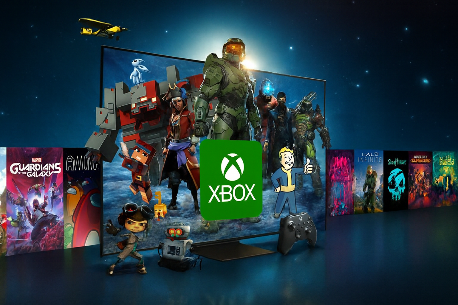 Xbox com personagens e jogos em destaque, e um fundo espacial futurista