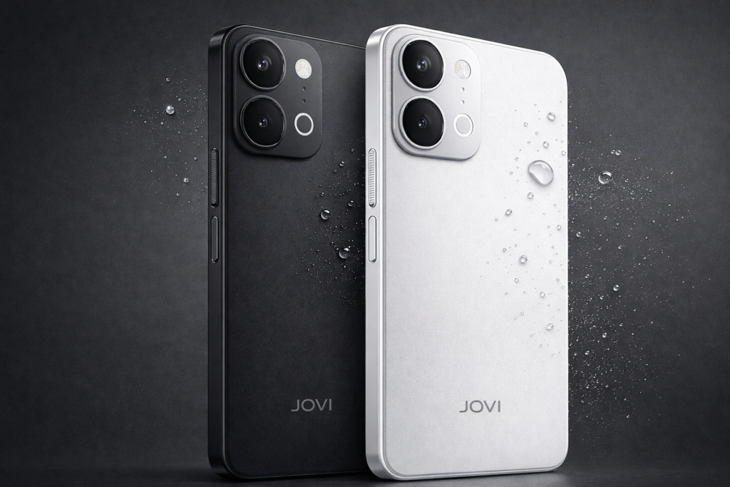 Close-up realista dos smartphones JOVI Y31 nas cores preto e branco, exibindo design fino com acabamento fosco premium, m&oacute;dulo de c&acirc;mera dupla e bot&atilde;o lateral com leitor de digital. Gotas de &aacute;gua e part&iacute;culas de poeira s&atilde;o repelidas das superf&iacute;cies, sobre fundo cinza escuro minimalista e ilumina&ccedil;&atilde;o suave.
