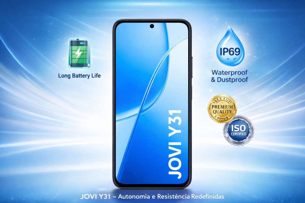 Imagem frontal do smartphone JOVI Y31 centralizado sobre fundo azul e branco moderno, com &iacute;cones sutis indicando bateria de longa dura&ccedil;&atilde;o, prote&ccedil;&atilde;o IP69 e selos de qualidade. Texto na base: &ldquo;JOVI Y31 &ndash; Autonomia e Resist&ecirc;ncia Redefinidas