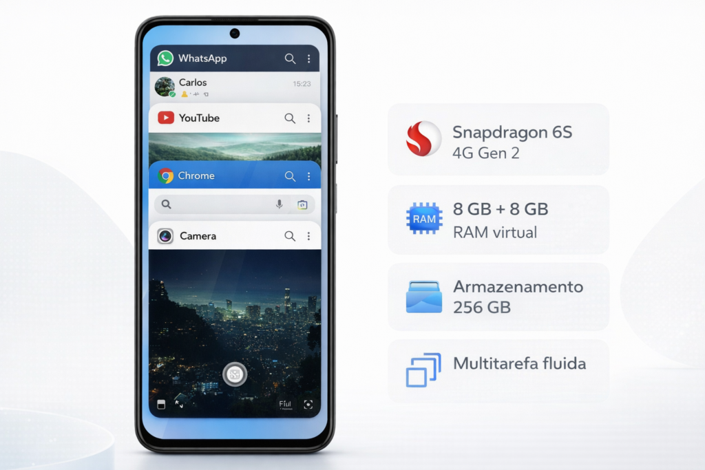 Smartphone JOVI Y31 visto de frente, exibindo v&aacute;rios aplicativos abertos em multitarefa na tela, com &iacute;cones t&eacute;cnicos ao lado indicando Snapdragon 6S 4G Gen 2, 8 GB + 8 GB RAM virtual, armazenamento 256 GB e multitarefa fluida, sobre fundo branco minimalista e ilumina&ccedil;&atilde;o profissional.