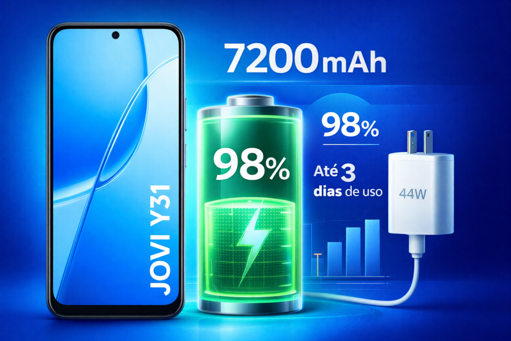 Infogr&aacute;fico do smartphone JOVI Y31 mostrando tela frontal com &iacute;cone de bateria de 7200 mAh, carga de 98%, carregador de 44W e gr&aacute;fico de autonomia de at&eacute; 3 dias sobre fundo azul moderno.