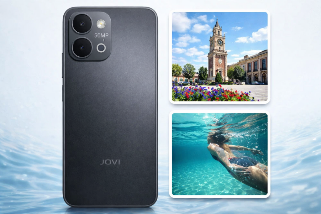 Traseira do smartphone JOVI Y31 com m&oacute;dulo de c&acirc;mera 50 MP em destaque, acompanhada de duas fotos de exemplo &mdash; uma diurna n&iacute;tida e outra subaqu&aacute;tica &mdash; sobre fundo clean com leve efeito de &aacute;gua, estilo fotogr&aacute;fico profissional.