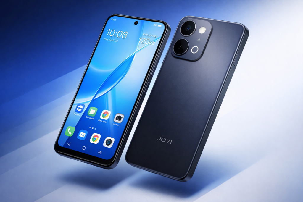 Smartphone JOVI Y31 flutuando em &acirc;ngulo de tr&ecirc;s quartos sobre fundo azul e branco, com a tela ligada exibindo interface fluida em 120 Hz e o m&oacute;dulo de c&acirc;mera dupla traseira destacado; ilumina&ccedil;&atilde;o premium e cores vibrantes real&ccedil;am o design robusto e elegante do aparelho.
