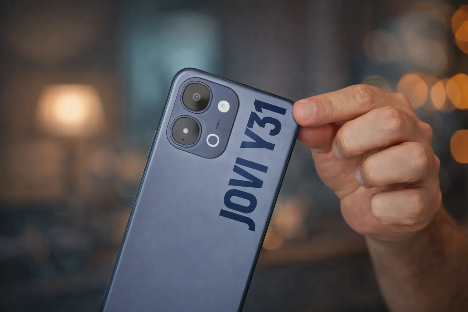 Mão segurando um smartphone JOVI Y31 cinza-azulado em posição horizontal, com duas câmeras e flash na parte traseira. O fundo está desfocado, exibindo luzes quentes e bokeh, criando um ambiente moderno e elegante. A mão está sem anéis e o foco está no design do aparelho.