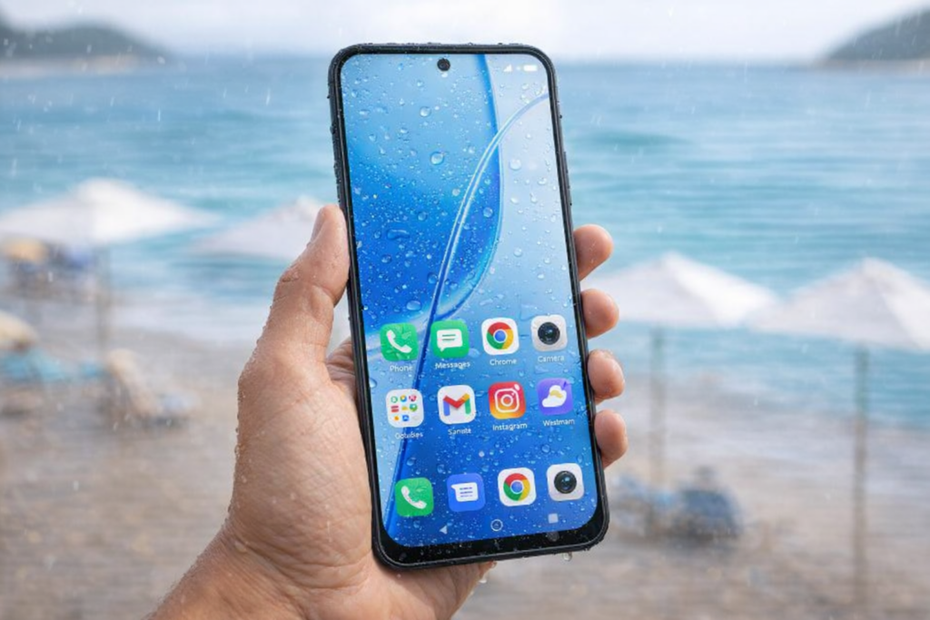 Pessoa segurando o smartphone JOVI Y31 de frente em ambiente externo com chuva leve, pr&oacute;ximo &agrave; praia, mostrando &iacute;cones de aplicativos na tela e gotas de &aacute;gua sobre o vidro.