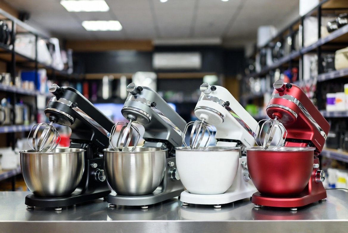 Batedeiras planetárias preta, prata, branca e vermelha alinhadas em prateleira de loja moderna, com tigelas e acessórios em destaque, fundo desfocado e iluminação profissional.