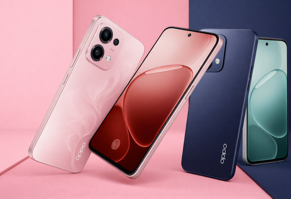 Três smartphones Oppo A6 pro 5G em cores rosa, azul-marinho e verde exibidos em fundo bicolor, destacando design moderno e tela com sensor de impressão digital.