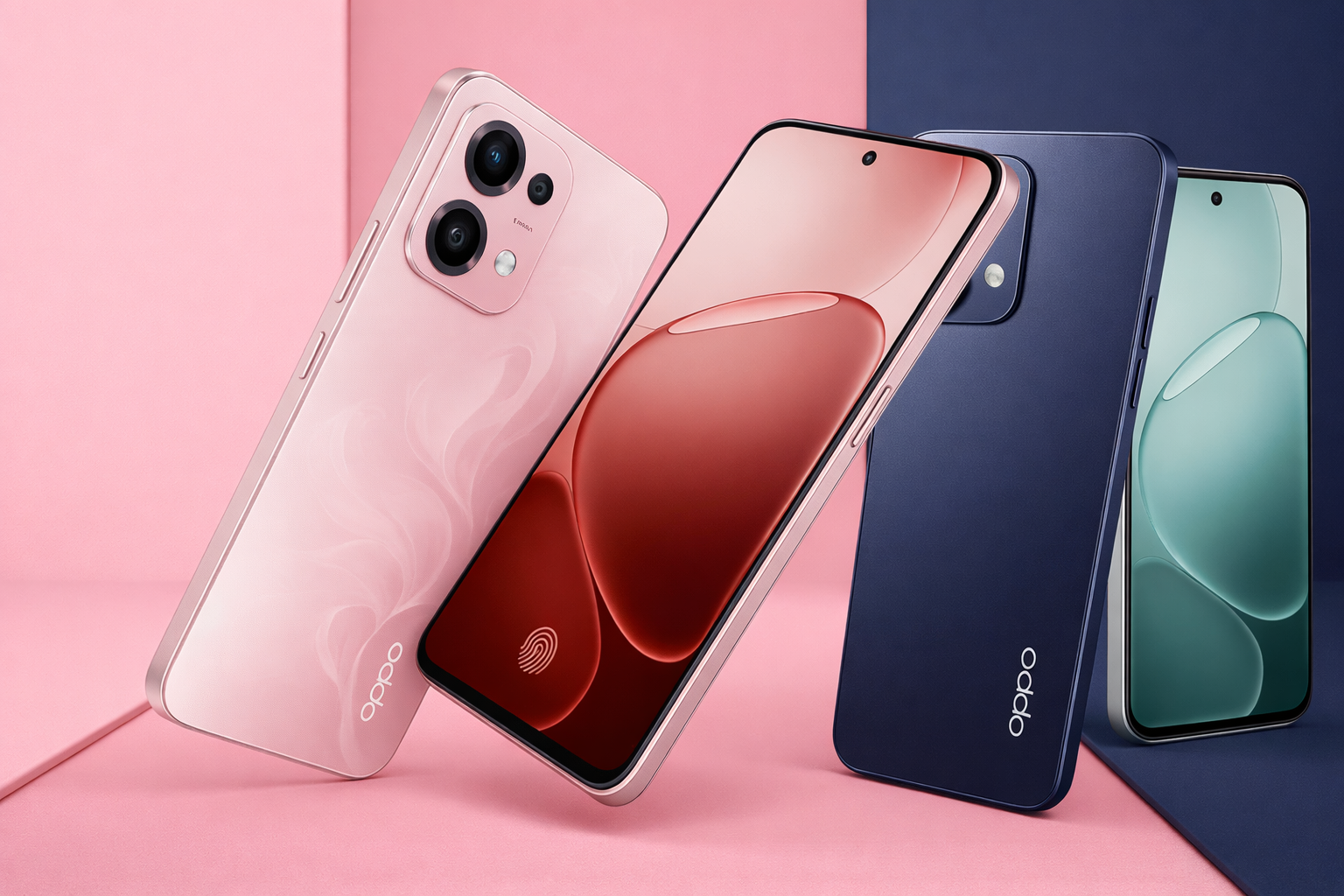 Três smartphones Oppo A6 pro 5G em cores rosa, azul-marinho e verde exibidos em fundo bicolor, destacando design moderno e tela com sensor de impressão digital.