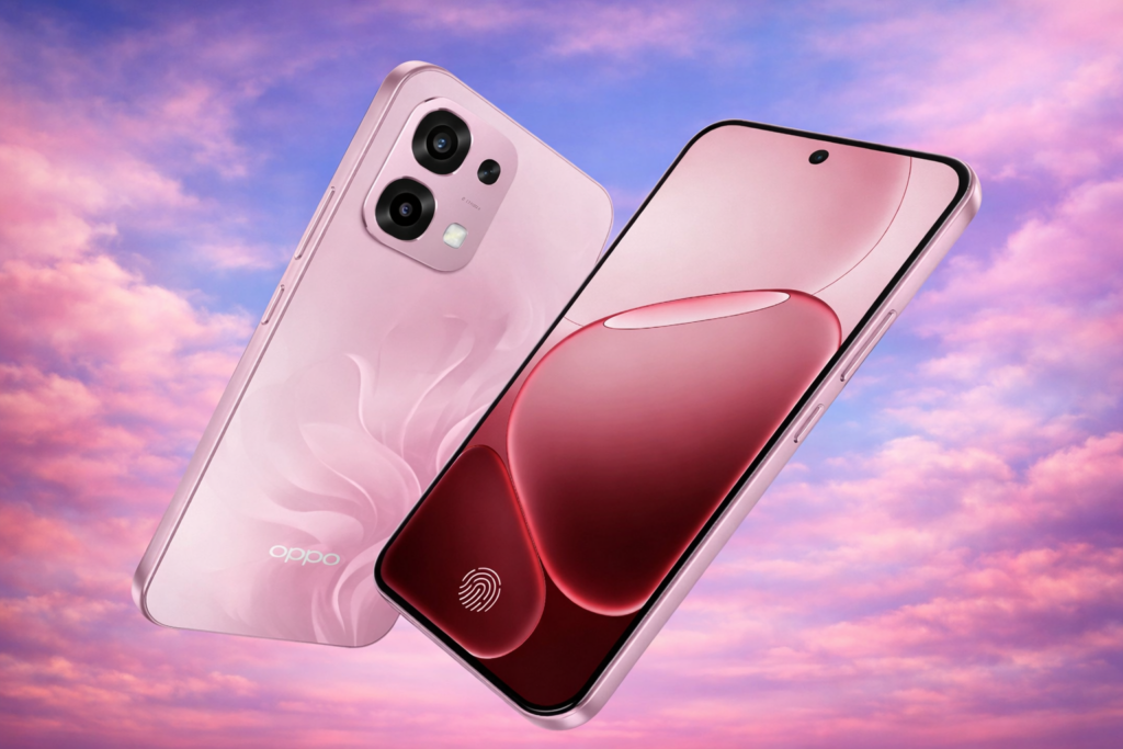 High-resolution 8K image of the OPPO A6 Pro 5G smartphone in soft pink, displaying both the front and back of the device with a gradient blue and pink background.