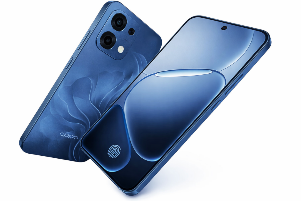 Smartphone Oppo A6 Pro 5G em azul espacial, exibindo frente e verso com tela full e m&oacute;dulo de c&acirc;mera dupla.