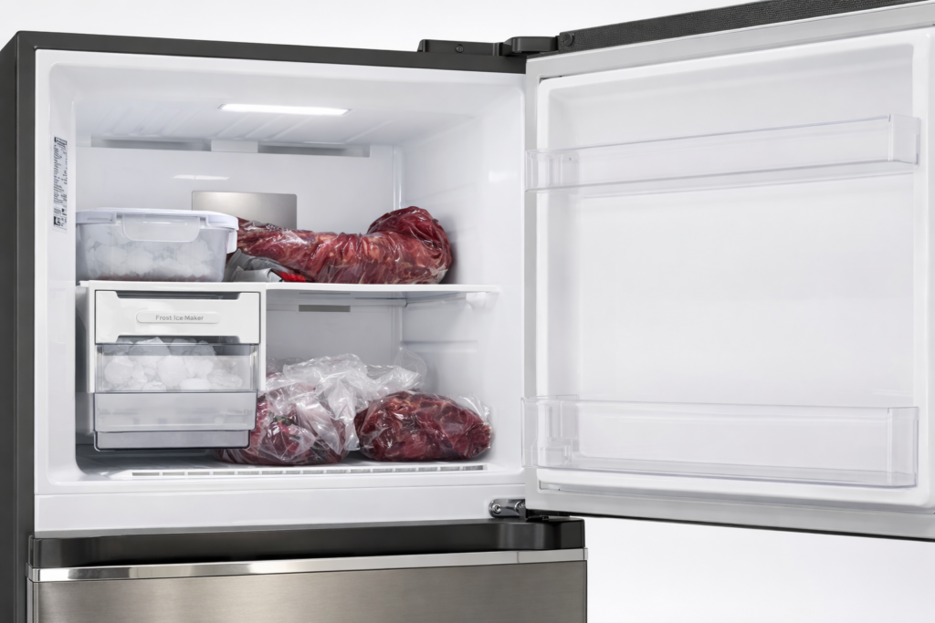 Freezer LG GN B452PFF com alimentos congelados e ilumina&ccedil;&atilde;o de led.