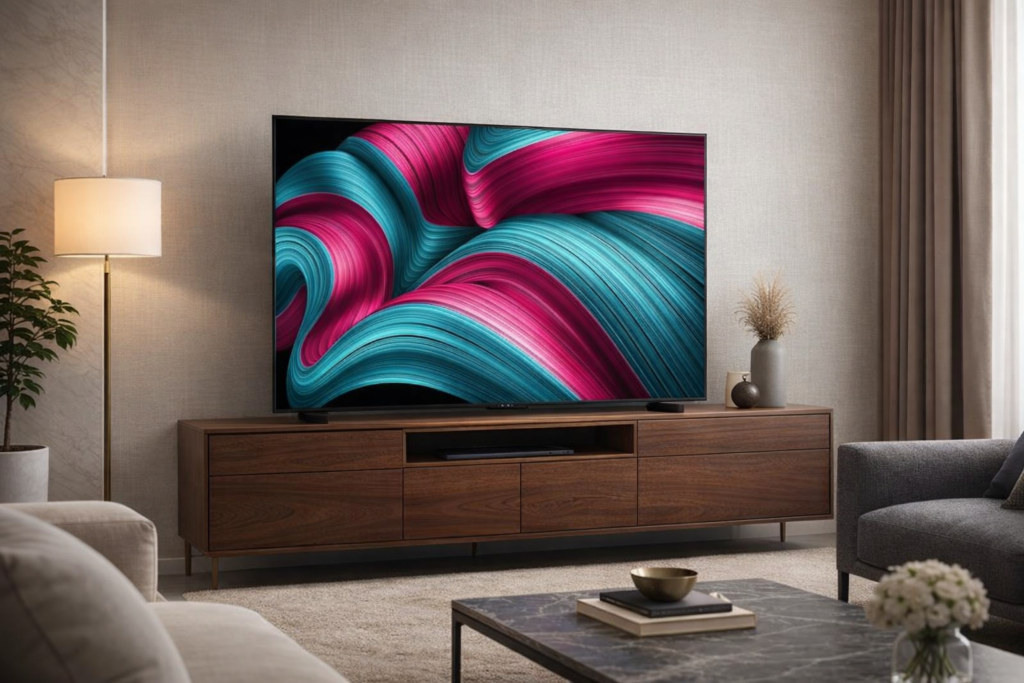 Televis&atilde;o LG OLED C5 sobre m&oacute;vel elegante em sala moderna e harmoniosa, com decora&ccedil;&atilde;o neutra e ilumina&ccedil;&atilde;o suave.