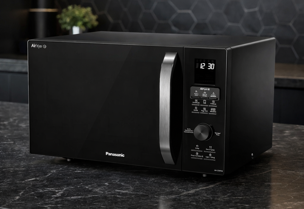 Micro-ondas Panasonic NN-CD89NBRU preto com função Airfryer sobre bancada de mármore escuro, em cozinha moderna e elegante com iluminação suave e detalhes metálicos.