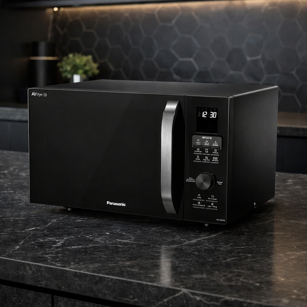 Micro-ondas Panasonic NN-CD89NBRU preto com função Airfryer sobre bancada de mármore escuro, em cozinha moderna e elegante com iluminação suave e detalhes metálicos.