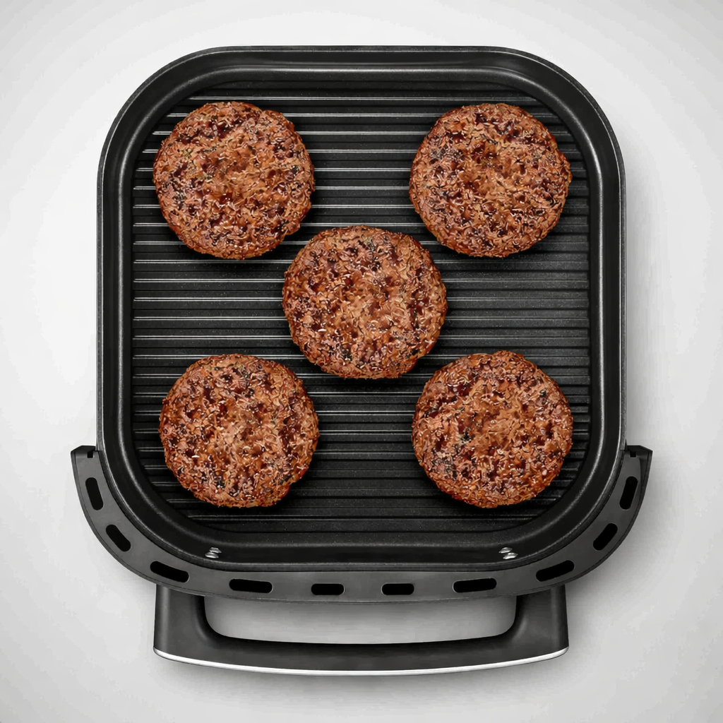 Cinco hamb&uacute;rgueres grelhados dentro da air fryer dual grill fischer, dispostos em padr&atilde;o quadrado com um no centro superior, vistos de cima.
