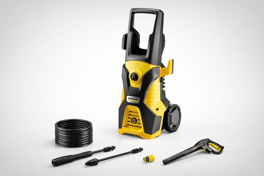 lavadora alta press&atilde;o karcher k6 e seus acess&oacute;rios, exibida sobre um fundo branco neutro com leve gradiente.