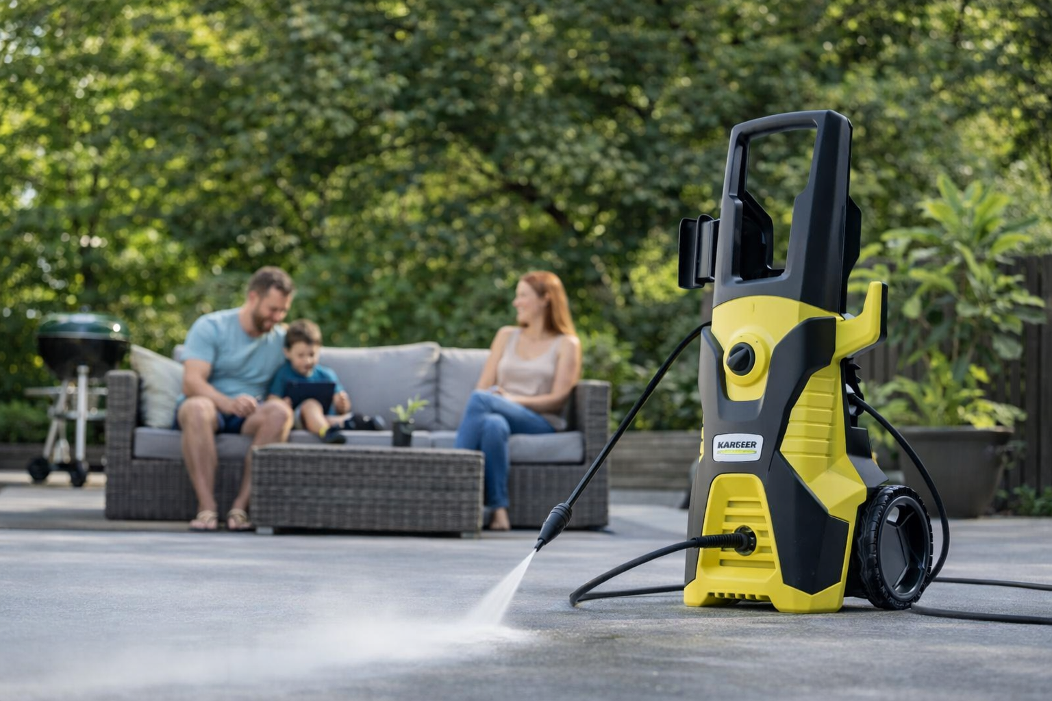 Lavadora de pressão Kärcher modelo K6 amarela e preta em destaque sobre um pátio limpo, com família relaxando ao fundo em ambiente de jardim ensolarado.
