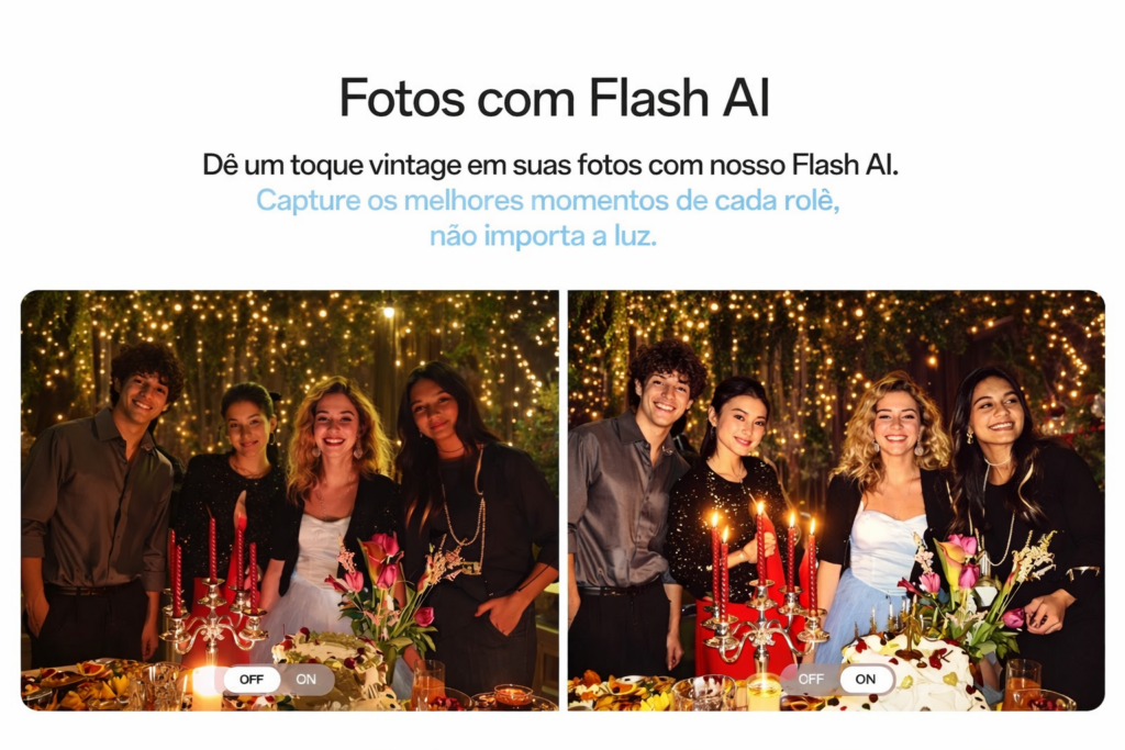 Grupo de jovens em festa noturna com decora&ccedil;&atilde;o de velas e flores, mostrando o efeito do Flash AI no Oppo reno 14f em ambiente iluminado e harmonioso.
