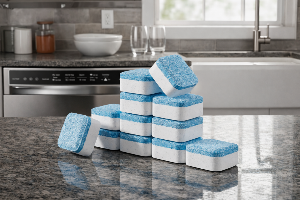 Pastilhas Sterily empilhadas sobre bancada de cozinha moderna, com acabamento detalhado e ilumina&ccedil;&atilde;o profissional.