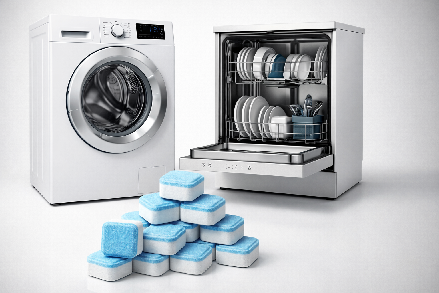 imagem em alta resolu&ccedil;&atilde;o mostrando uma m&aacute;quina de lavar roupa branca e uma lava-lou&ccedil;as de a&ccedil;o inox aberta, com pastilhas sterily empilhadas.