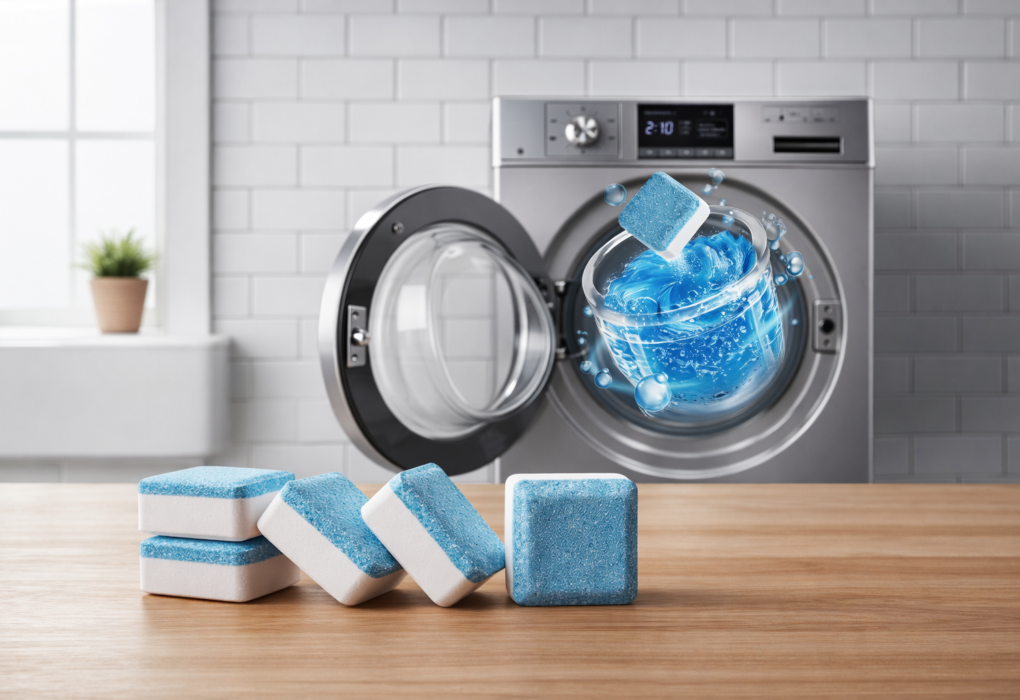 Pastilhas de detergente Sterily em frente a uma máquina de lavar moderna, com uma pastilha dissolvendo em água azul dentro do tambor.