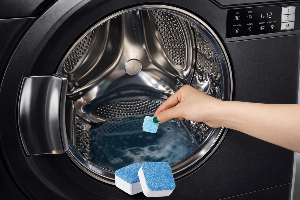 M&atilde;o colocando uma pastilha azul e branca dentro do tambor de uma m&aacute;quina de lavar moderna com acabamento preto fosco e painel met&aacute;lico detalhado.